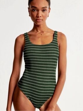Abercrombie & Fitch Green Striped Cheeky One-Piece Swimsuit
